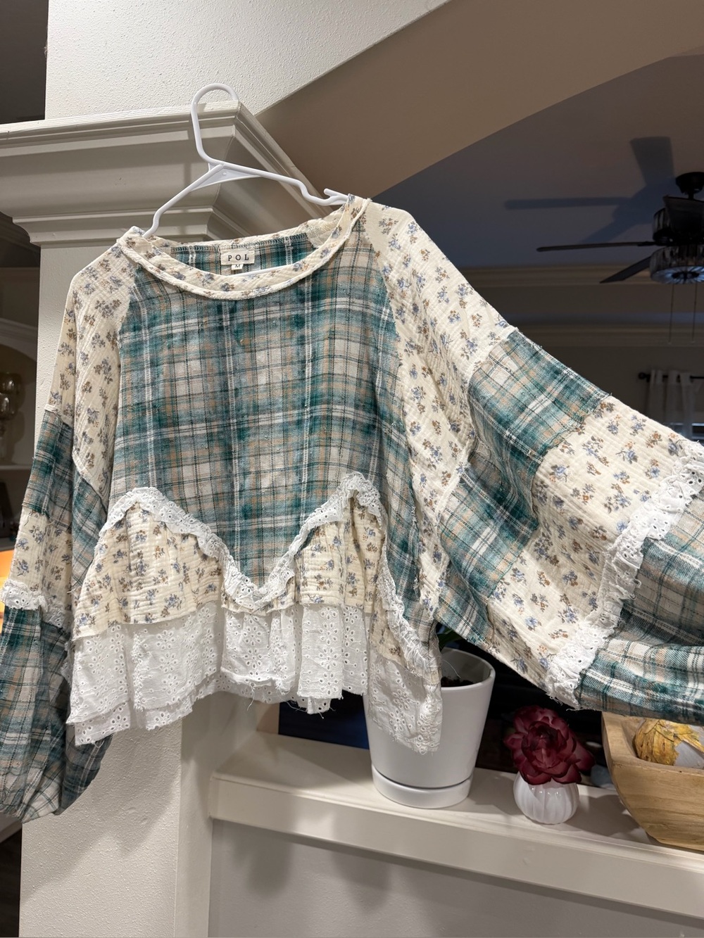 POL teal plaid and floral top with lace detail sz M NWOT